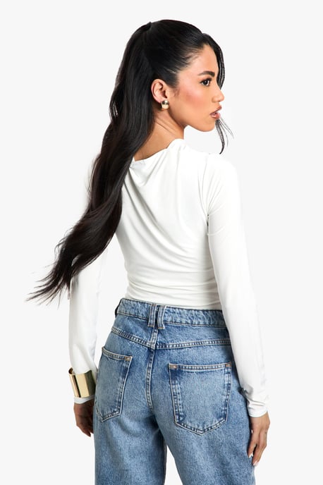 Double Layer Slinky Trim Detail Cut Out Bodysuit - Image 2
