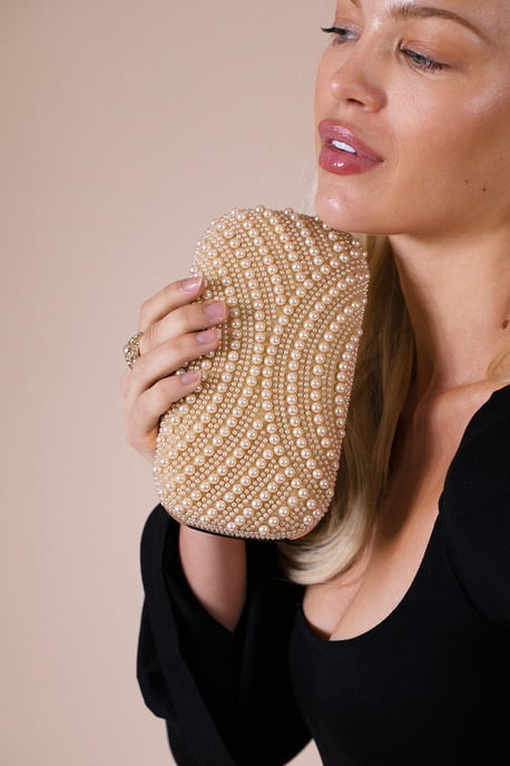 Oval Pearl Clutch Bag In Gold - Image 3