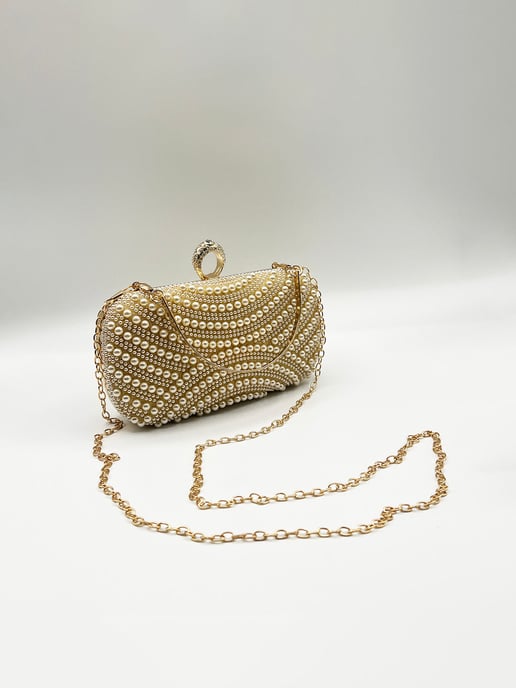 Oval Pearl Clutch Bag In Gold - Image 6