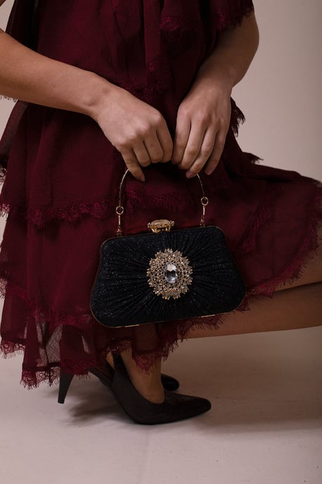 Ruched Jewel Clutch Bag In Black - Image 3