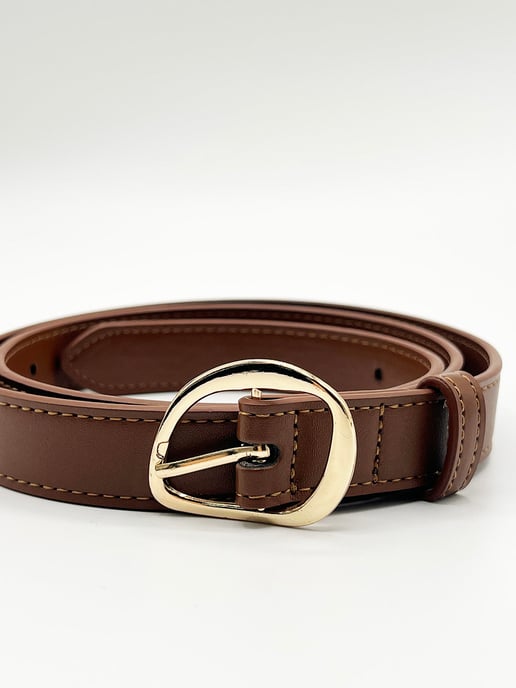 Irregular Oval Gold Buckle Belt In Brown - Image 3