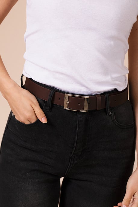 Silver Square Buckle Belt In Dark Brown - Image 1