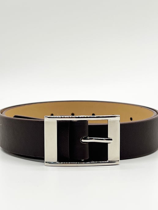 Silver Square Buckle Belt In Dark Brown - Image 2