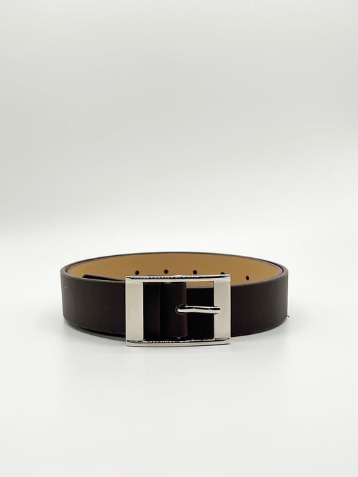 Silver Square Buckle Belt In Dark Brown - Image 4