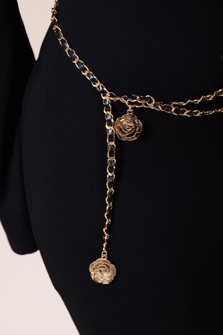 Rose Chain Faux Leather Belt In Black Gold - Image 2