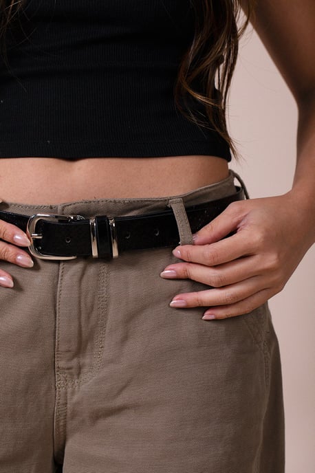 Snake Print Belt With Silver Metal Buckle In Black - Image 1