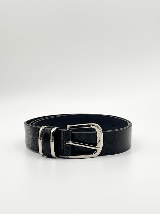 Snake Print Belt With Silver Metal Buckle In Black - Image 2