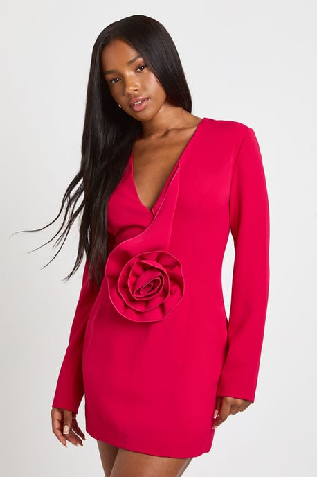 Corsage Detail Plunge Tailored Blazer Dress - Image 1