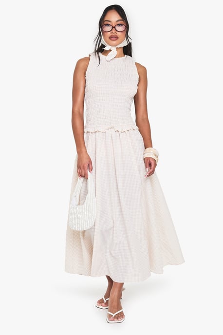Gingham Shirred Detail Drop Waist Midaxi Dress - Image 1