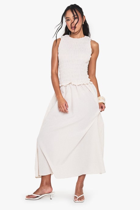 Gingham Shirred Detail Drop Waist Midaxi Dress - Image 3