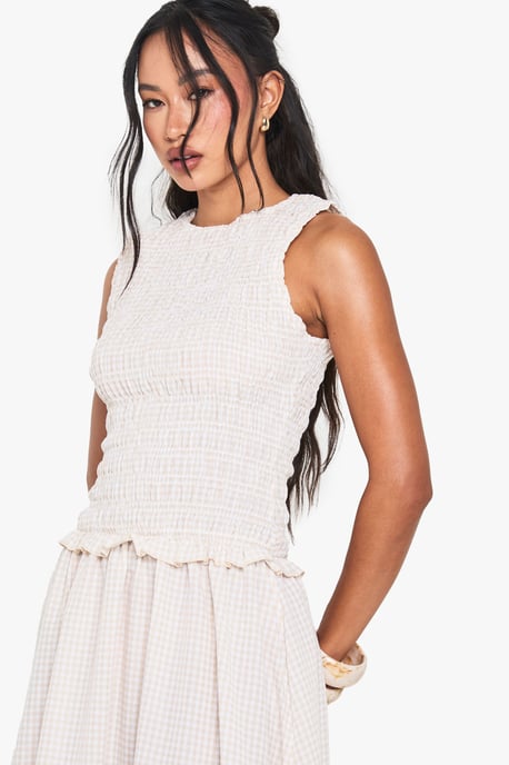 Gingham Shirred Detail Drop Waist Midaxi Dress - Image 4