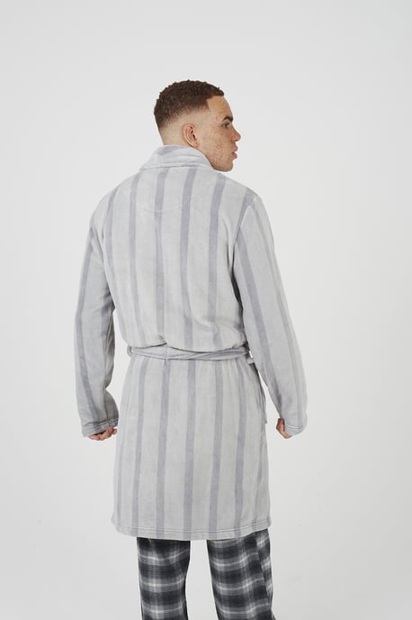 Grey Striped Long Length Sherpa Dressing Gown - Image 2