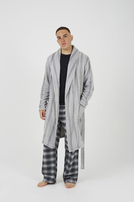 Grey Striped Long Length Sherpa Dressing Gown - Image 3