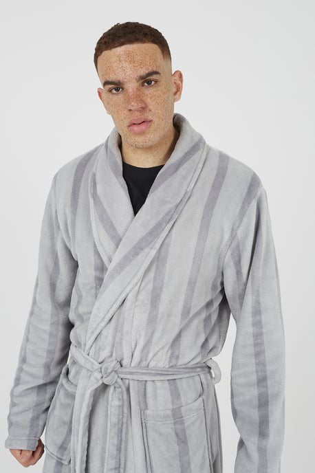 Grey Striped Long Length Sherpa Dressing Gown - Image 4