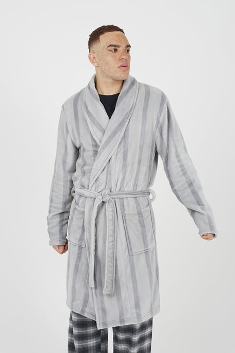 Grey Striped Long Length Sherpa Dressing Gown - Image 5