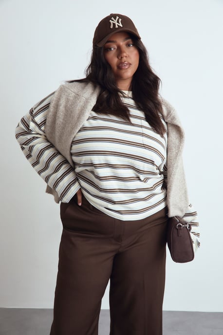 Plus Striped Cotton Pocket Front Long Sleeve Top - Image 1