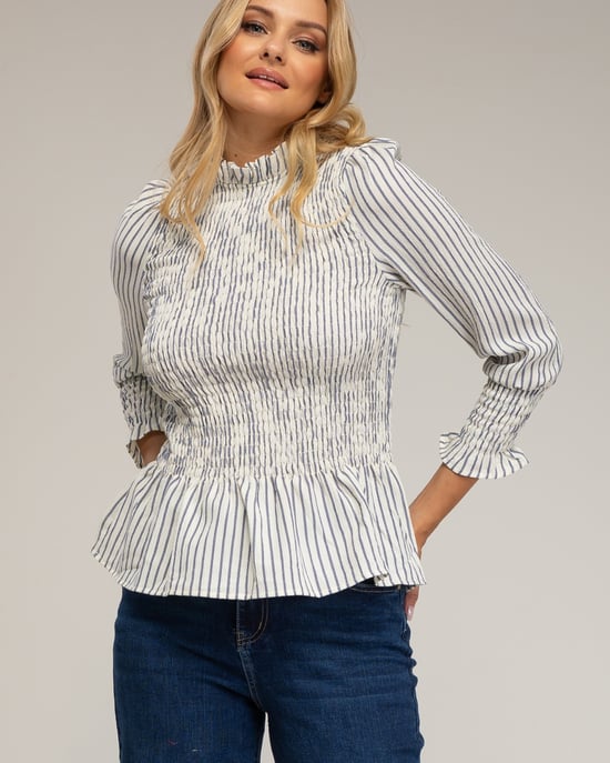 Blouse met lange mouwen, gestreept met honingraatborduursel op de borst en manchetten. - Image 3