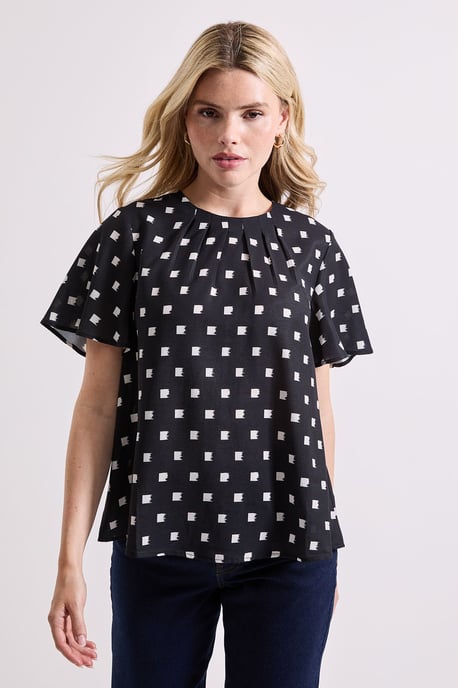 Printed Gathered Neckline Angel Sleeve Blouse - Image 1