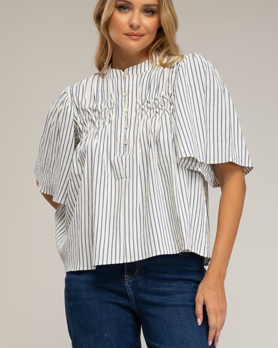 Gestreepte blouse met honingraatborduursel. - Image 3