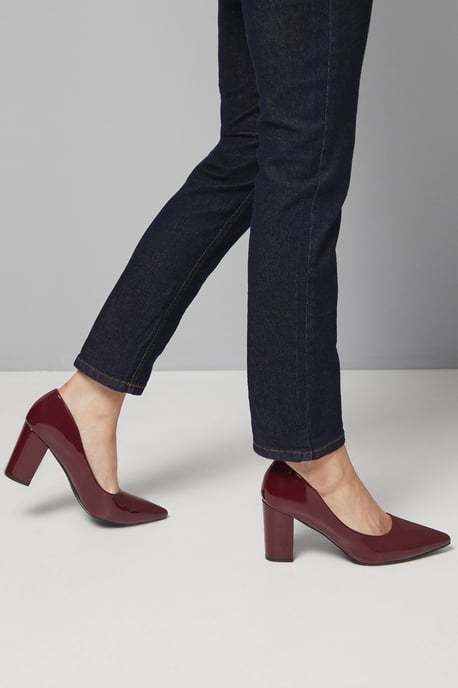 Good For The Sole: Wide Fit Exmoor Faux Patent Leather Comfort Medium Block Heel Court Shoes - Image 1