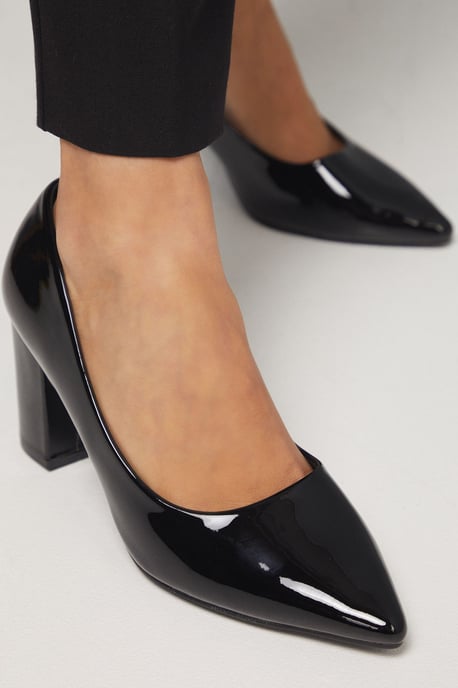 Good For The Sole: Wide Fit Exmoor Faux Patent Leather Comfort Medium Block Heel Court Shoes - Image 4