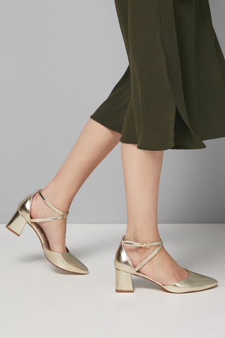 Good For The Sole: Wide Fit Millie Comfort Faux Metallic Leather Cross Strap Medium Heel Court Shoes - Image 1