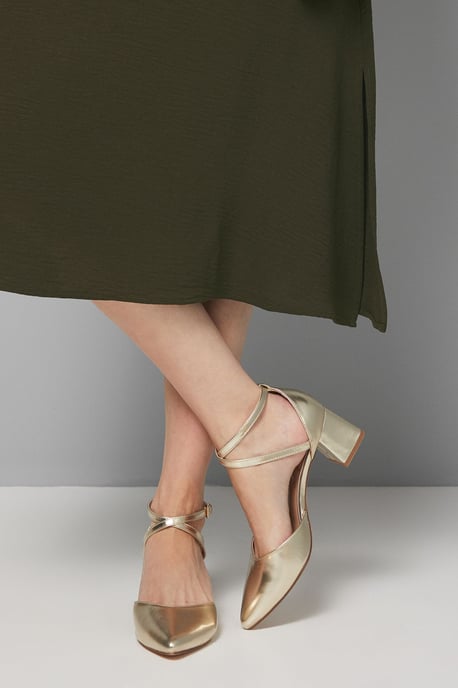 Good For The Sole: Wide Fit Millie Comfort Faux Metallic Leather Cross Strap Medium Heel Court Shoes - Image 2