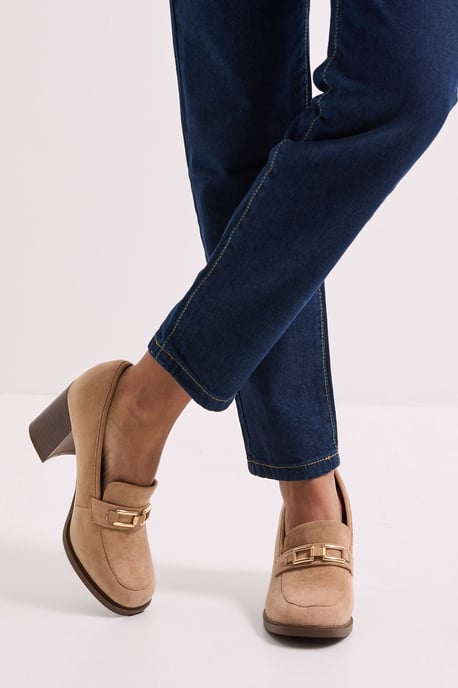 Wide Fit Benita Faux Suede Snaffle Detail High Block Heeled Loafers - Image 1