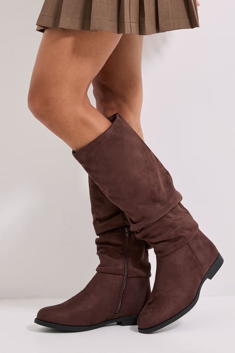 Karina Faux Suede Flat Knee High Ruched Boots - Image 1