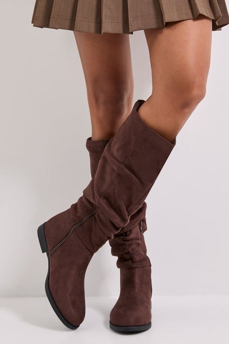 Karina Faux Suede Flat Knee High Ruched Boots - Image 2