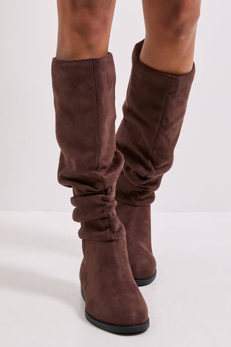 Karina Faux Suede Flat Knee High Ruched Boots - Image 3