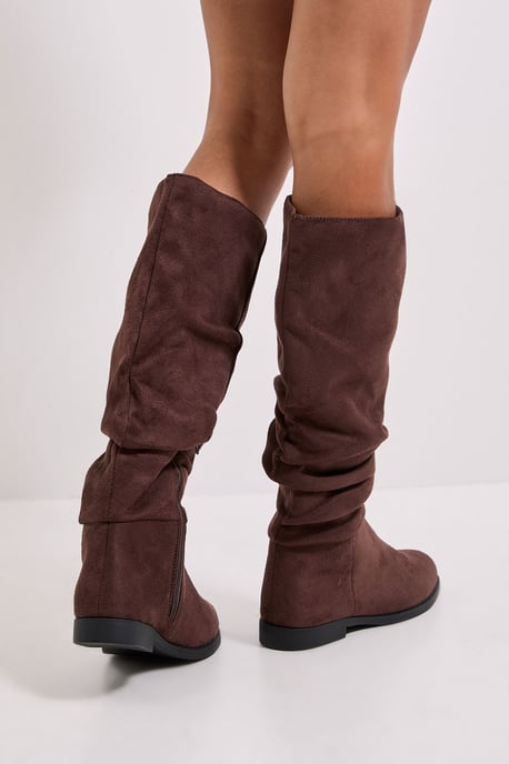 Karina Faux Suede Flat Knee High Ruched Boots - Image 4