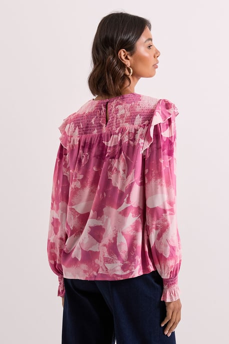 Pink Floral Shirred Yoke Frill Detail Top - Image 3