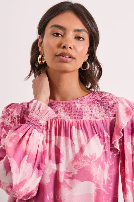 Pink Floral Shirred Yoke Frill Detail Top - Image 4