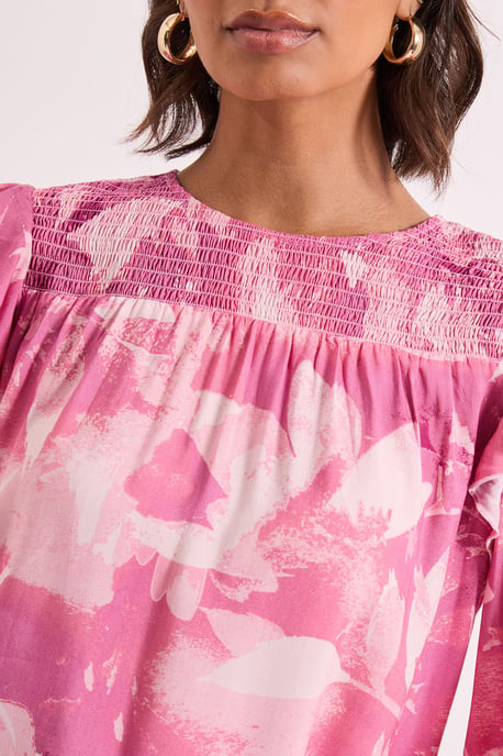 Pink Floral Shirred Yoke Frill Detail Top - Image 5