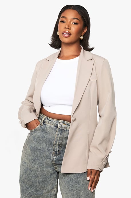 Plus Woven Tailored Self Fabric Button Detail Blazer - Image 1