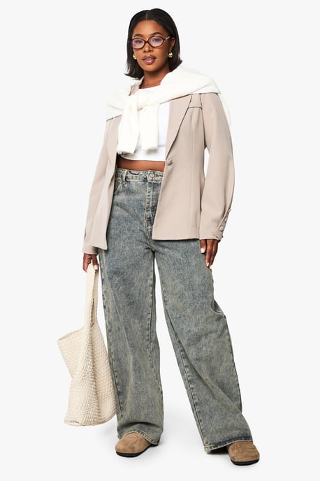 Plus Woven Tailored Self Fabric Button Detail Blazer - Image 3