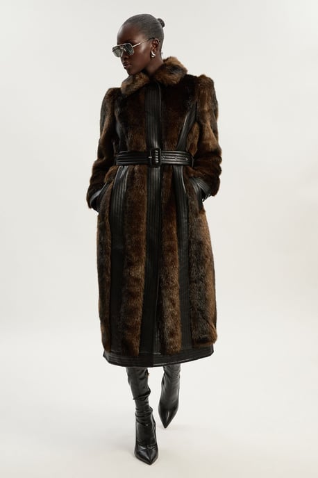 Petite Faux Fur PU Panelled Belted Midi Coat - Image 1