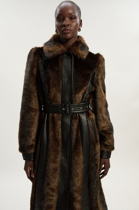 Petite Faux Fur PU Panelled Belted Midi Coat - Image 3