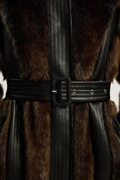 Petite Faux Fur PU Panelled Belted Midi Coat - Image 4