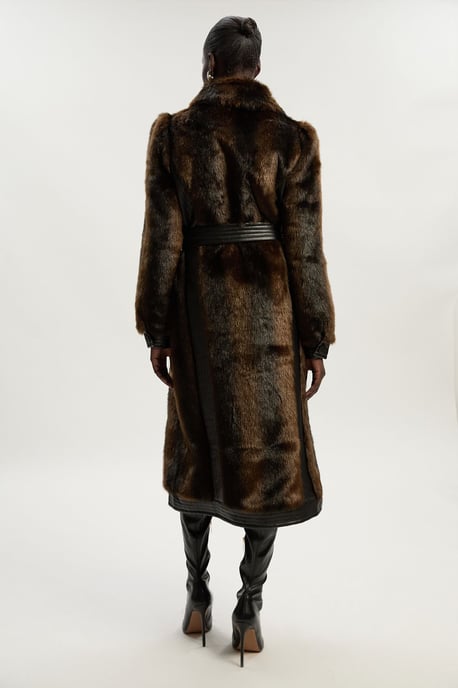Petite Faux Fur PU Panelled Belted Midi Coat - Image 5