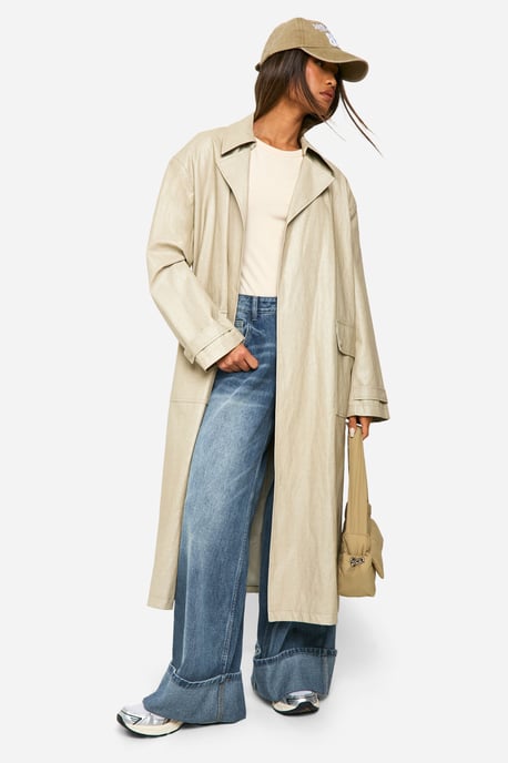 Vintage Look Faux Leather Trench Coat - Image 1