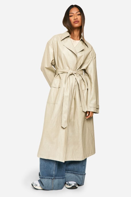 Vintage Look Faux Leather Trench Coat - Image 3