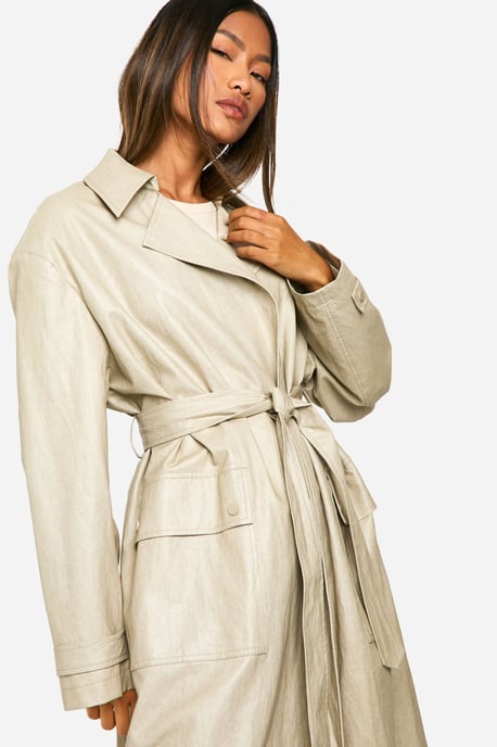 Vintage Look Faux Leather Trench Coat - Image 4