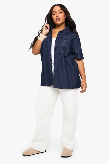 Plus Chambray Denim Short Sleeve Shirt - Image 1