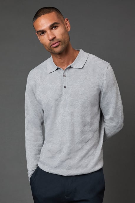 Light Grey Textured Long Sleeve Knitted Polo - Image 1