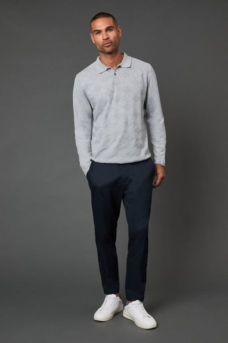 Light Grey Textured Long Sleeve Knitted Polo - Image 2