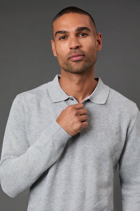 Light Grey Textured Long Sleeve Knitted Polo - Image 3