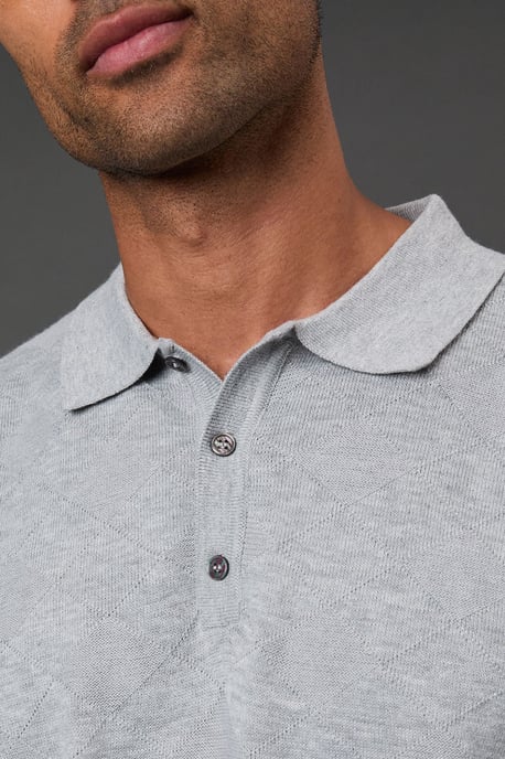 Light Grey Textured Long Sleeve Knitted Polo - Image 4