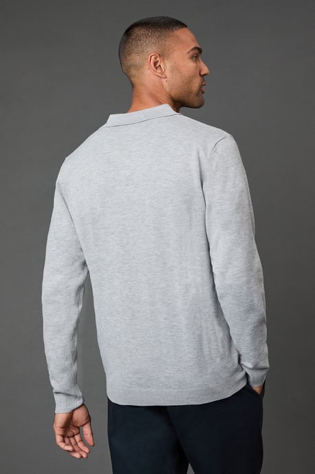 Light Grey Textured Long Sleeve Knitted Polo - Image 5